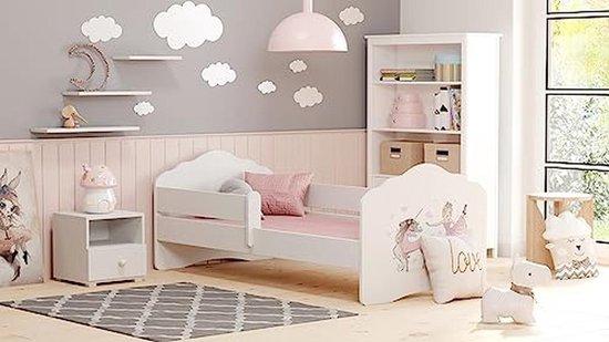Kinderbett mit Geländer, 160 x 80 cm - Komplett mit Matratze, geeignet für Jungen und Mädchen - Modernes, weißes Design