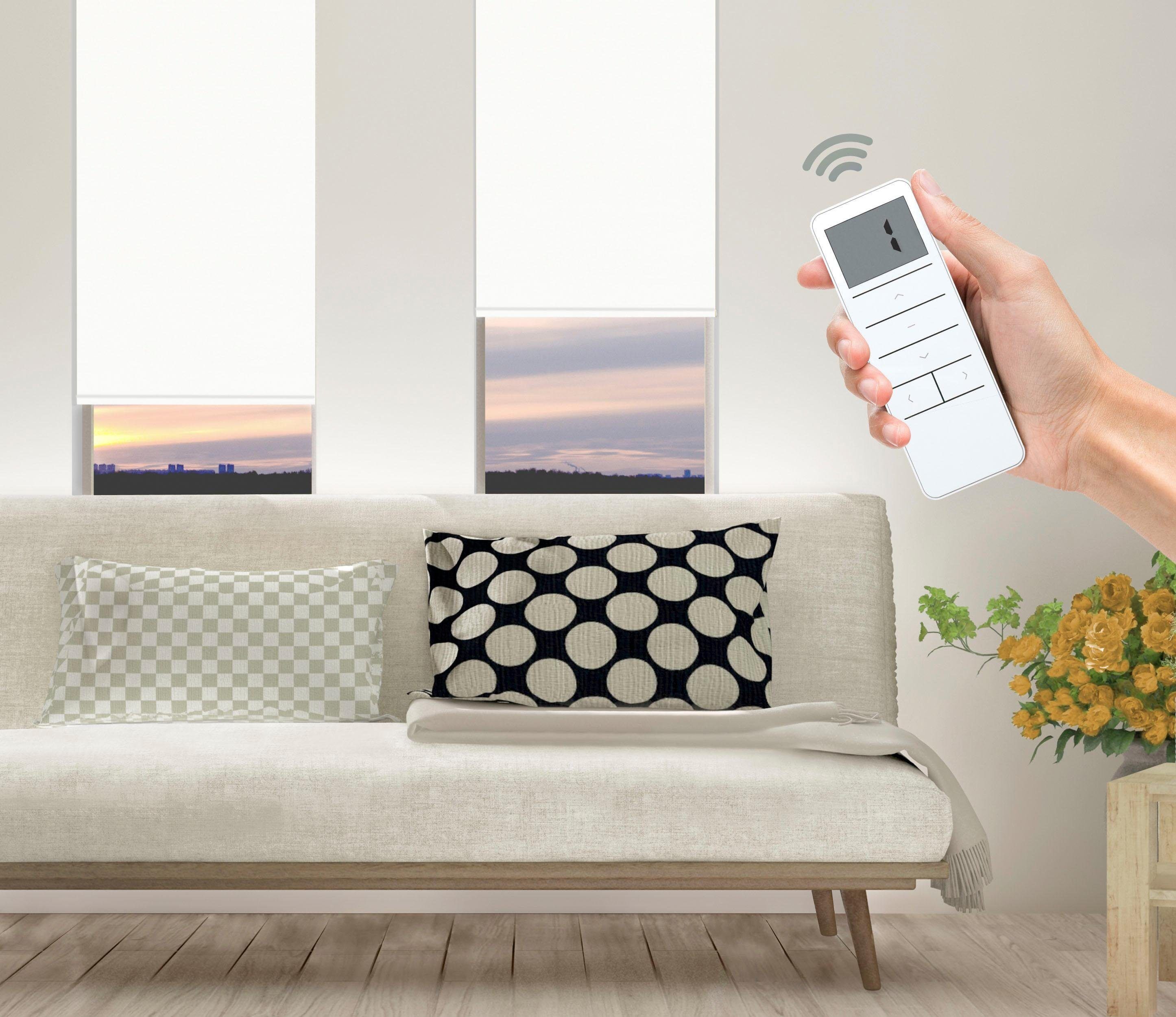 Elektrisches Rollo GOOD LIFE "Vau - SMART HOME" Gr. 2, weiß (weiß, weiß), B:120cm H:150cm, Kunststoff, Metall, Polyester, Rollos, Elektrisches Rollo, mit Fernbedienung