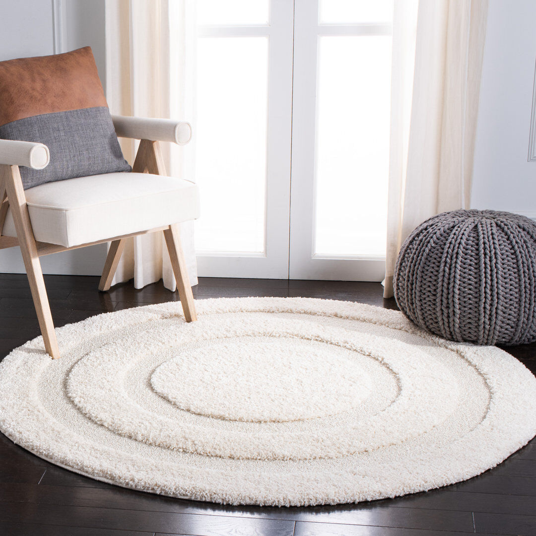 August Grove Tolman Shaggy Area Rug Creme/Creme Round 122 cm