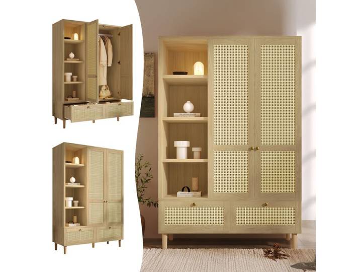 Armoire Penderie en Cannage Rotin 180x120x50 cm 2 Portes avec 2 Tiroirs tringle vêtements Style Bohème Chic - Chêne
