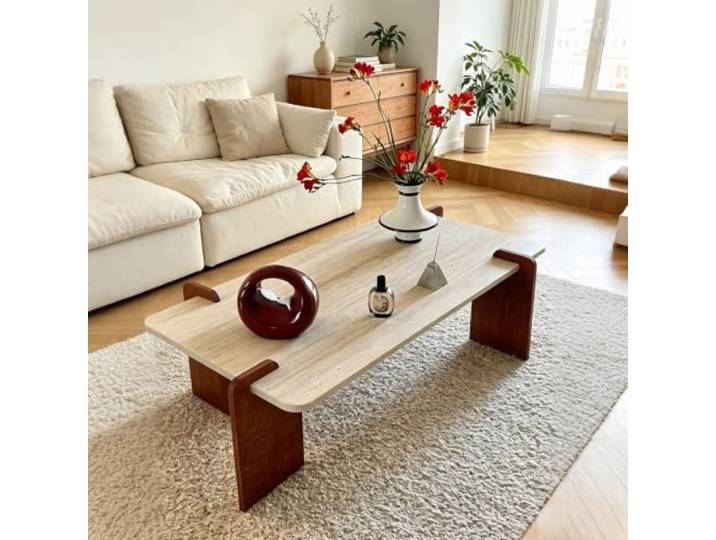 Hochwertiger Couchtisch, Kunstmarmor-Tischplatte mit Walnuss-Maser-Beinen Moderner minimalistischer Mitteltisch für Wohnzimmer, wasserdicht(39.4x19.7x14.6 in)