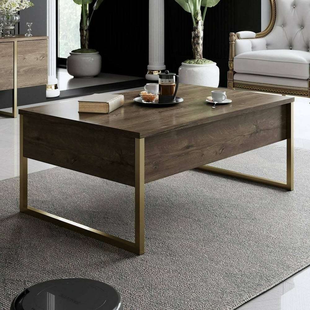 Dmora Table basse effet bois beige, or 90x60 cm Marron 90x40x60cm