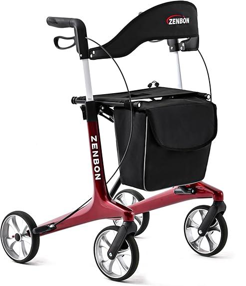 Carbon Rollator Ultraleicht Klappbar: Rollator Faltbar und Leicht mit Sitz Wohnungsrollator Faltbarer für Senioren -Rollatoren für Kofferraum Reise und Flug (Rot)
