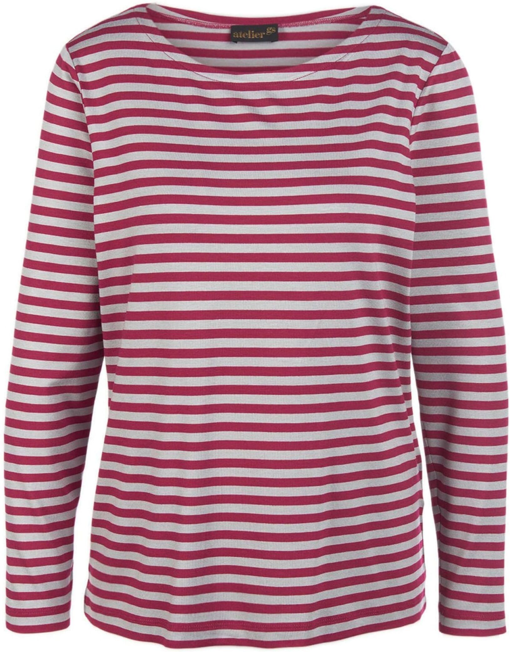 Longpullover GOLDNER "Jerseyshirt mit Streifenmuster", Damen, Gr. 48, grau (winterrot, grau), Obermaterial: 95% Viskose CV. 5% Elasthan EL., eng Tubular, Pullover Longpullover, Bunt gewirkter und dadurch farbbeständiger Ringel
