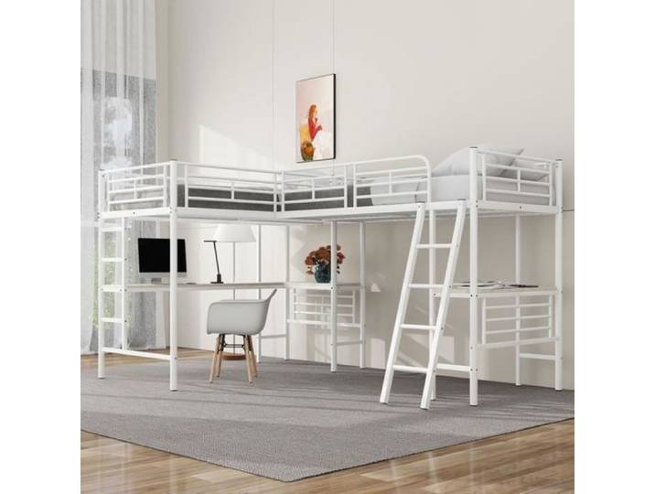 Lit superposé 90x200 cm lit adulte Lit jeune Lit Simple table sous le lit escalier double rampe haute blanc Blanc O LITS SUPERPOSES