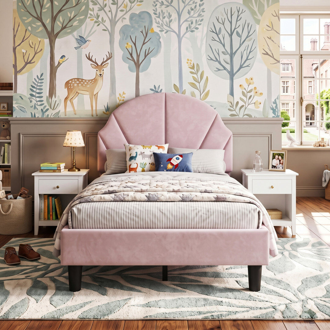 Canora Grey UK & EU Kids Velvet Bed Frame, Scalloped Shell Upholstery Bed with Height-Adjustable Headboard, Beige/Pink Pink Single (3')