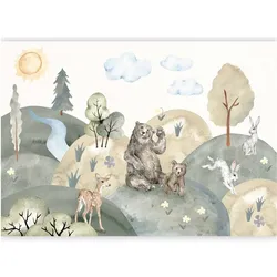 Artgeist, Tapete, Fototapete - Green Hills - a Valley With Animals Painted in Watercolours (300 x 210 cm)