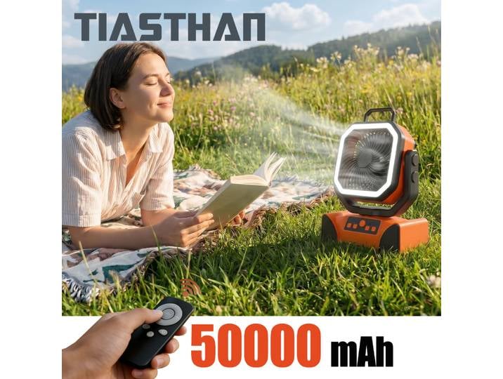 Ventilateur de camping extérieur 50000mAh avec télécommande, 4 vitesses de vent, jusqu'à 100 heures d'autonomie, poignée portable, ventilateur électrique de refroidissement
