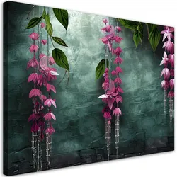 LEINWANDBILD Hängende Blätter und Blumen auf grünem Hintergrund 90x60cm