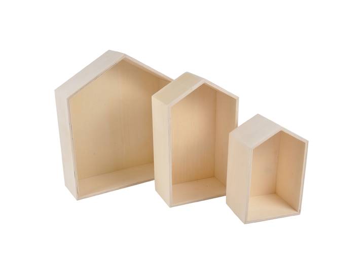 3er-Set Regale aus Holz in Haus-Form, 22 cm, 30,3 cm, 34,5 cm