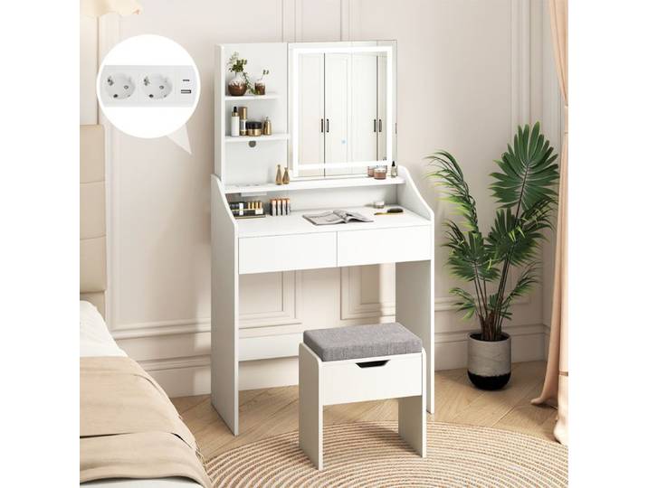GIANTEX-Ensemble de Coiffeuse et Tabouret-Miroir avec Lumières LED-Station de Charge-3 Étagères Ouvertes-2 Tiroirs-Salon Chambre