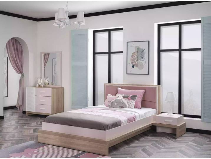 Xlmoebel Jugendzimmer-Set Rosa Holzbett für Kinderzimmer mit gemütlichem Design, (4-tlg., Kinderzimmer Set 4tlg (Bett + Nachttisch + Kommode + Spiegel), Hergestellt in Europa