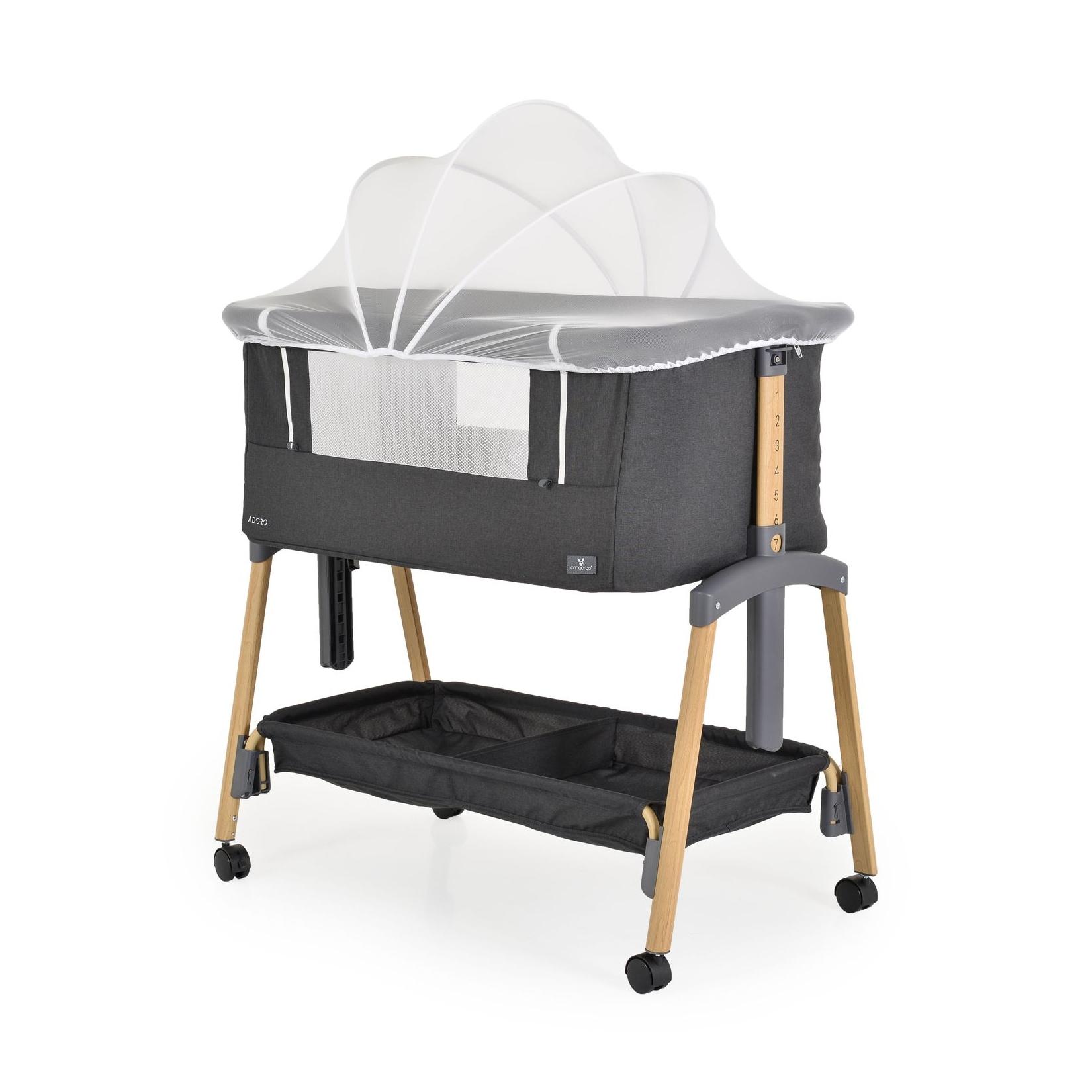 Cangaroo Babybett, Beistellbett Adoro, verstellbar, Matratze, Moskitonetz, Räder schwarz