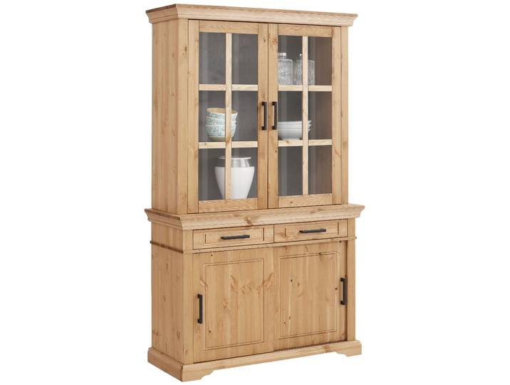 Vitrine GOODPRODUCT Anabel Buffet mit 2 Glastüren, Schubkästen und 2 Schiebetüren , beige (natur), B:110cm H:190cm T:45cm, Massivholz, Schränke, Vitrine, aus massiver Kiefer, FSC, Breite/Tiefe/Höhe 110/45/190 cm