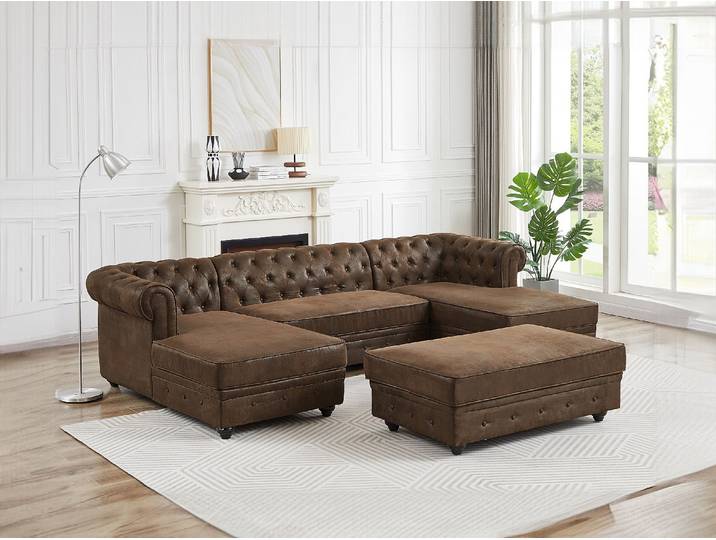 Wohnlandschaft & Hocker - Mikrofaser - Vintage-Leder-Optik - CHESTERFIELD