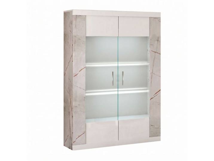 Vitrine 2 portes + Led blanche et aspect marbre gris-brun - NERVY