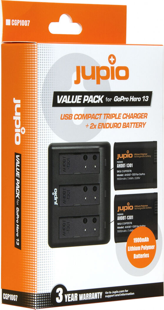 Jupio Value Pack : 2x Enduro HERO13 + USB Triple Charger