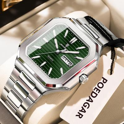 Youfap Market Stainless Steel Luxury Square Male Watch, Waterproof Luminous Date Week Quartz Watches For Men, Fashion Men Clocks silver Green