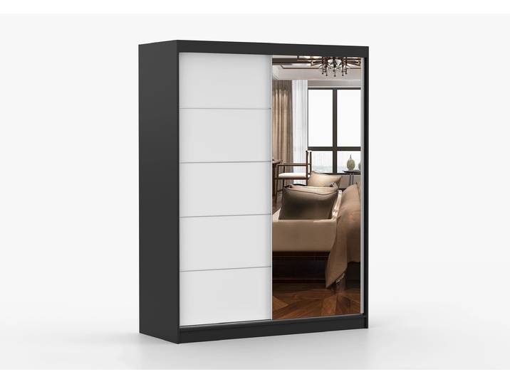 Schwebetürenschrank VISTA 05 150 cm Schwarz Weiß + Spiegel Ohne LED-Beleuchtung