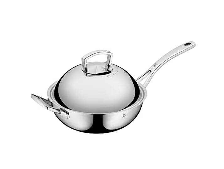 WMF Multiply Wokpfanne Induktion 28 cm, Wok Induktion unbeschichtet, Metalldeckel mit Wrasenabzug, Mehrschichtmaterial, Cromargan Edelstahl, Alumiuniumkern