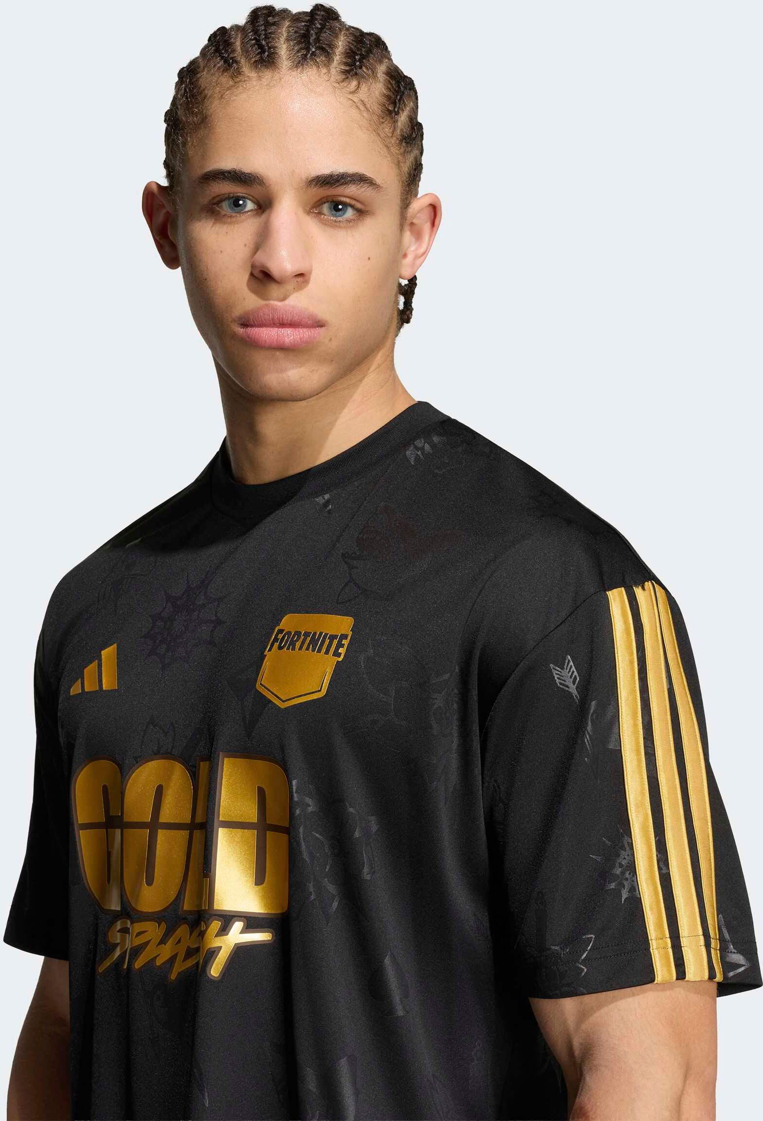 T-Shirt ADIDAS SPORTSWEAR "ADIDAS X FORTNITE TIRO JERSEY", Herren, Gr. XXL, schwarz (schwarz, gold metallic), Obermaterial: 100% Polyester, Rundhals, Shirts T-Shirt, mit Rundhalsausschnitt, ohne Verschluss, sportlicher Stil schwarz, gold metallic XXL