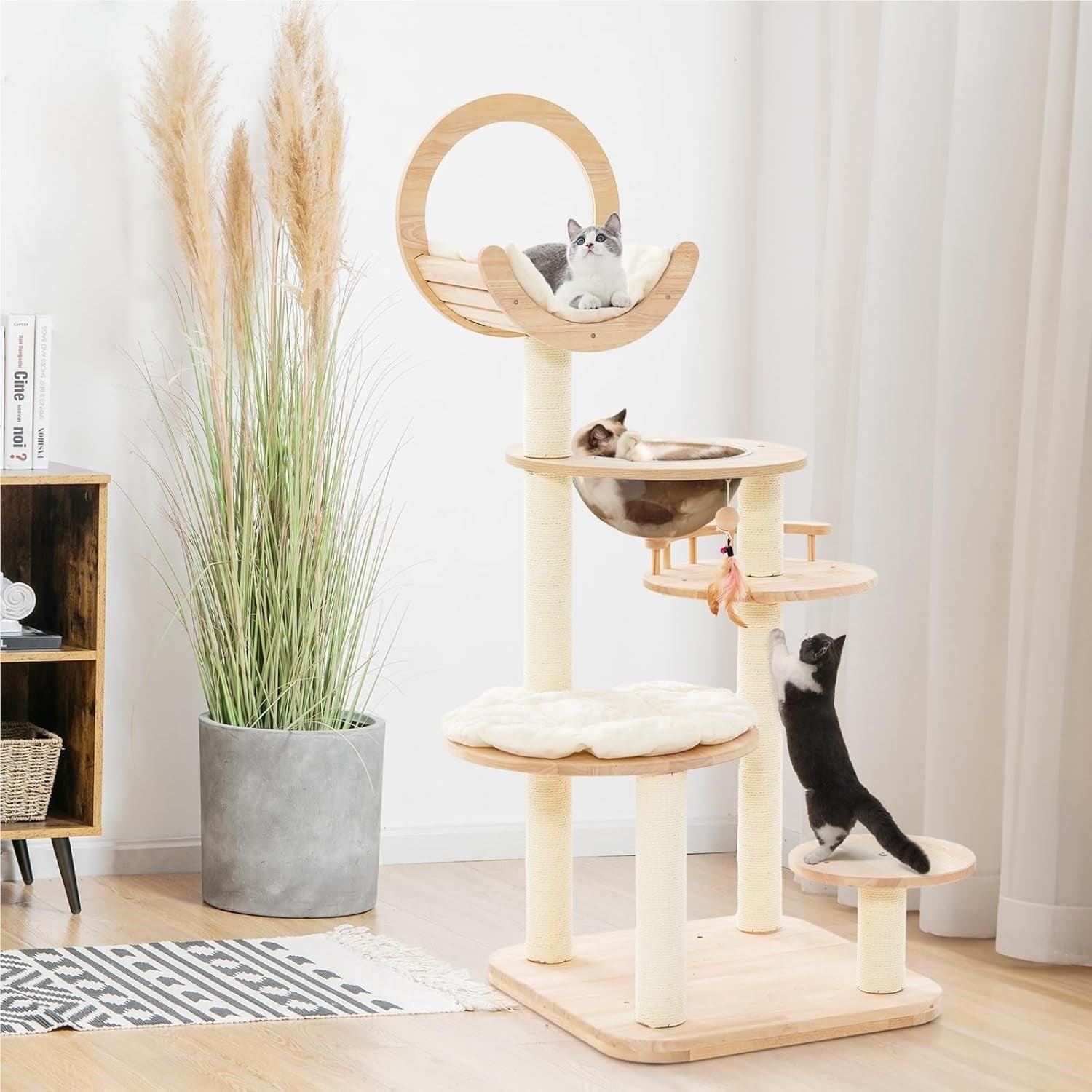 Katzenbaum - Kratzbaum - Kletterturm - Spielparadies - Katzenmöbel - 4-in-1 Design aus Holz - Kapsel-Nest in Beige