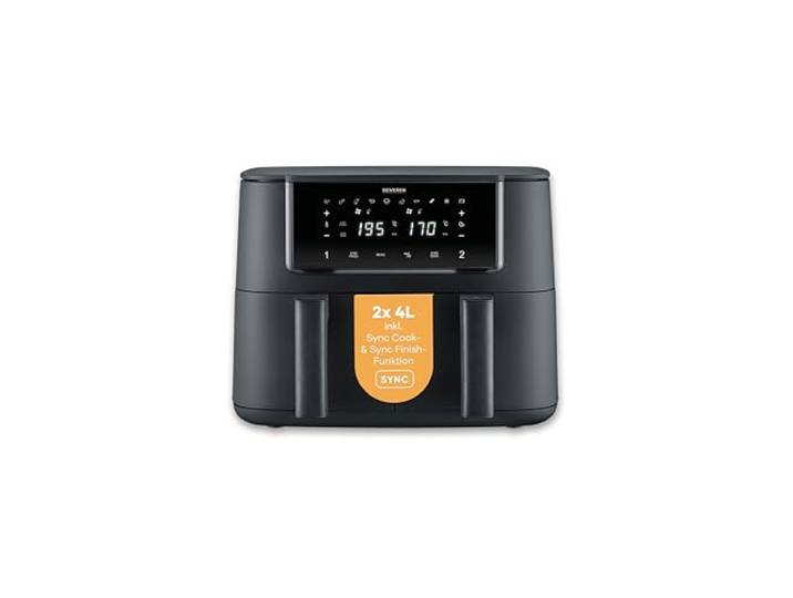 Severin Heißluftfritteuse Dual Zone, 2x4L Fächer, vielseitige Zubereitung, Touch-Display, Warmhaltefunktion, Temperatureinstellung synchronisierbar, 10 Programme, 2600W, Black Line, schwarz, FR 2463