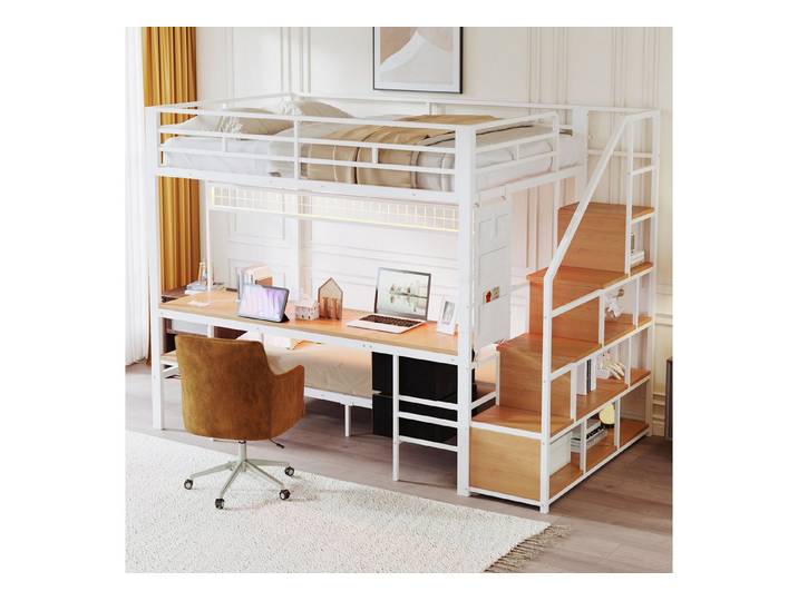 i@home Hochbett Etagenbett mit Schreibtisch, LED, Steckdosen und Schubladen