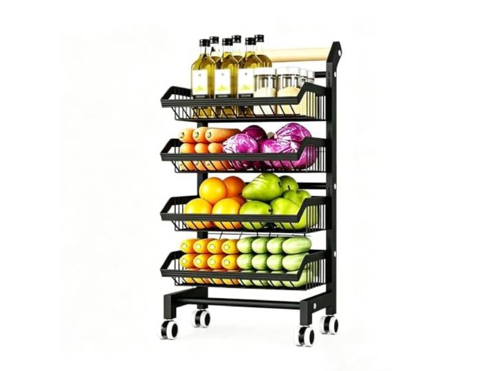 Dexinhdh Rollbarer Vorratswagen mit Ablagen für Snacks und Gemüse Verstellbares Metallregal für Snacks und Gemüse, Küchenorganizer für Obst und Gemüse(Black,4-Tier)