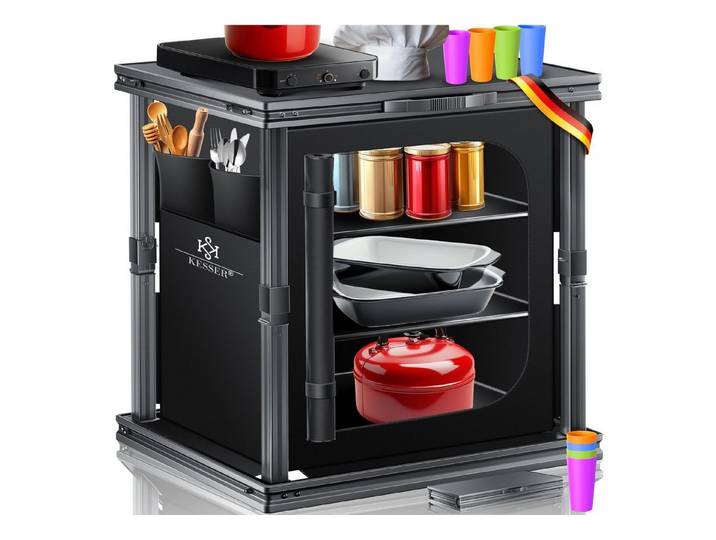 KESSER Campingschrank mit Aluminiumgestell Campingküche faltbar 84x80cm 6-Fachböden (Küchenschrank inkl. 4er Becherset, Seitentaschen & Fliegengitter) Outdoor Camping Küche UV-resistent