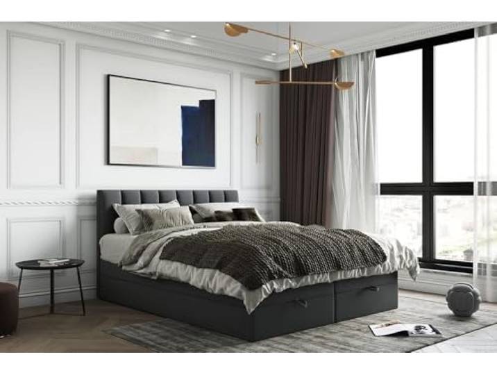 TRADA Boxspringbett, 160 x 200 cm, Gusto, Dunkelgrau Bett mit Topper aus Memory Visco und Bettkasten mit Gasautomaten