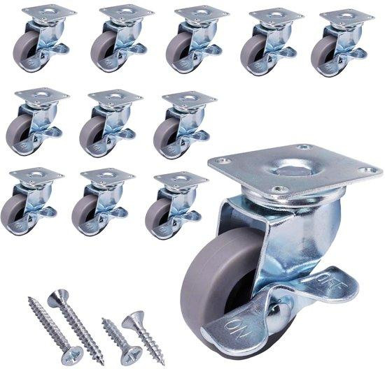 Famanu Set van 12 Grijze Rubberen Wagens met Remmen en 40 mm Verstevigde Wielen