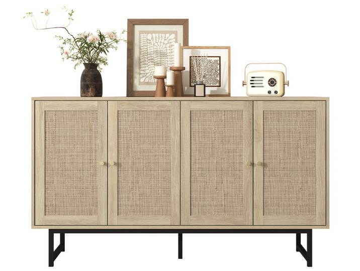 SeedWave Sideboard Vielseitige Kommode in Holzoptik, mit 4 Rattantüren & 4 Staufächern, Echte Rattan, Verstellbare Einlegeböden, Stabile Metallbeine