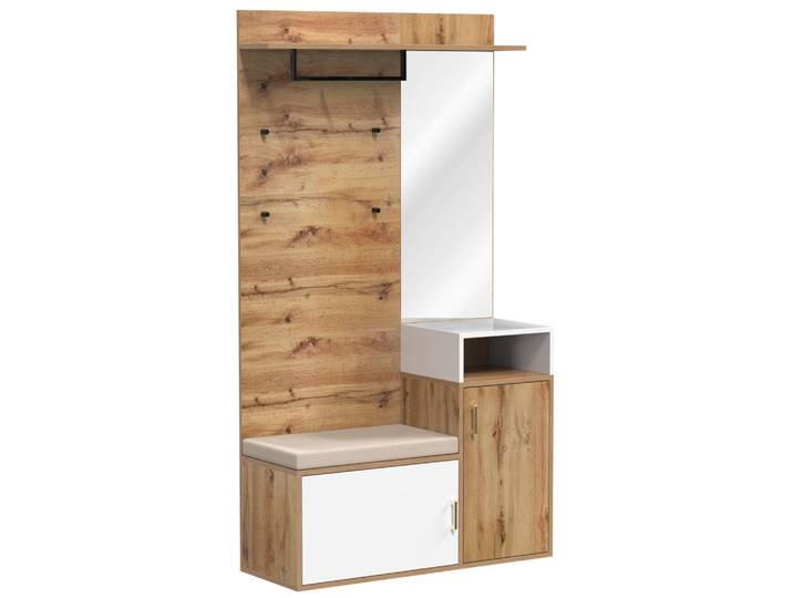 Urban Meuble Garderoben-Set 105 cm in Weiß & Eiche-Optik – 3-teilige Flurkombination mit Spiegel, Schuhschrank & Wandpaneel, Naturfarben, Rechteckig, 105x190.5x40 cm, Garderobe, Garderoben-Sets & Garderoben-Serien, Garderoben-Sets