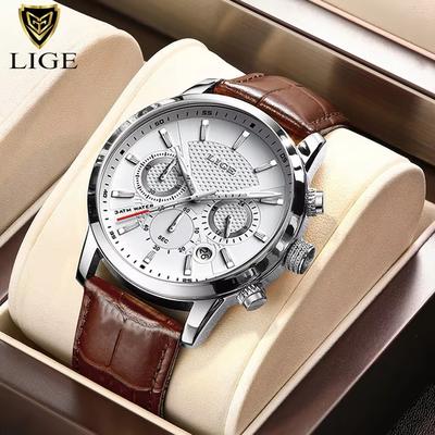 Youfap Market LIGE Luxury Men's Leather Watch Waterproof Quartz Sport Timepiece red Silver