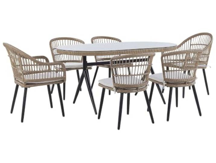 Beliani Elegantes Gartenset 6-Sitzer Rattan Auflagen Beige Metalbeine schwarz Aliano II