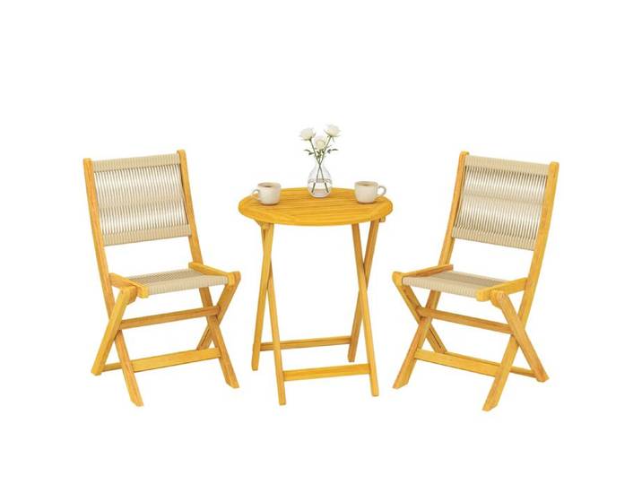Salon de jardin - ensemble bistro - Outsunny - 3 pièces table ronde 2 chaises pliables - bois d'acacia cordage PP - naturel