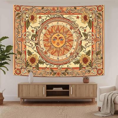 Vintage Wandteppich mit himmlischem Sonnengesicht und Sonnenblumenmotiv, Sternzeichen, Astrologie, Horoskop, kunstvolle Blumenkunst, ästhetische Wanddekoration für Schlafzimmer und Wohnzimmer