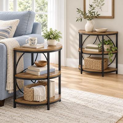 Lee 3-Tier Half Round End Table with Storage Shelves & Metal Frame