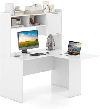 Costway L-Shaped Desk Corner Computer Desk with Open Storage Hutch and Cabinet-White