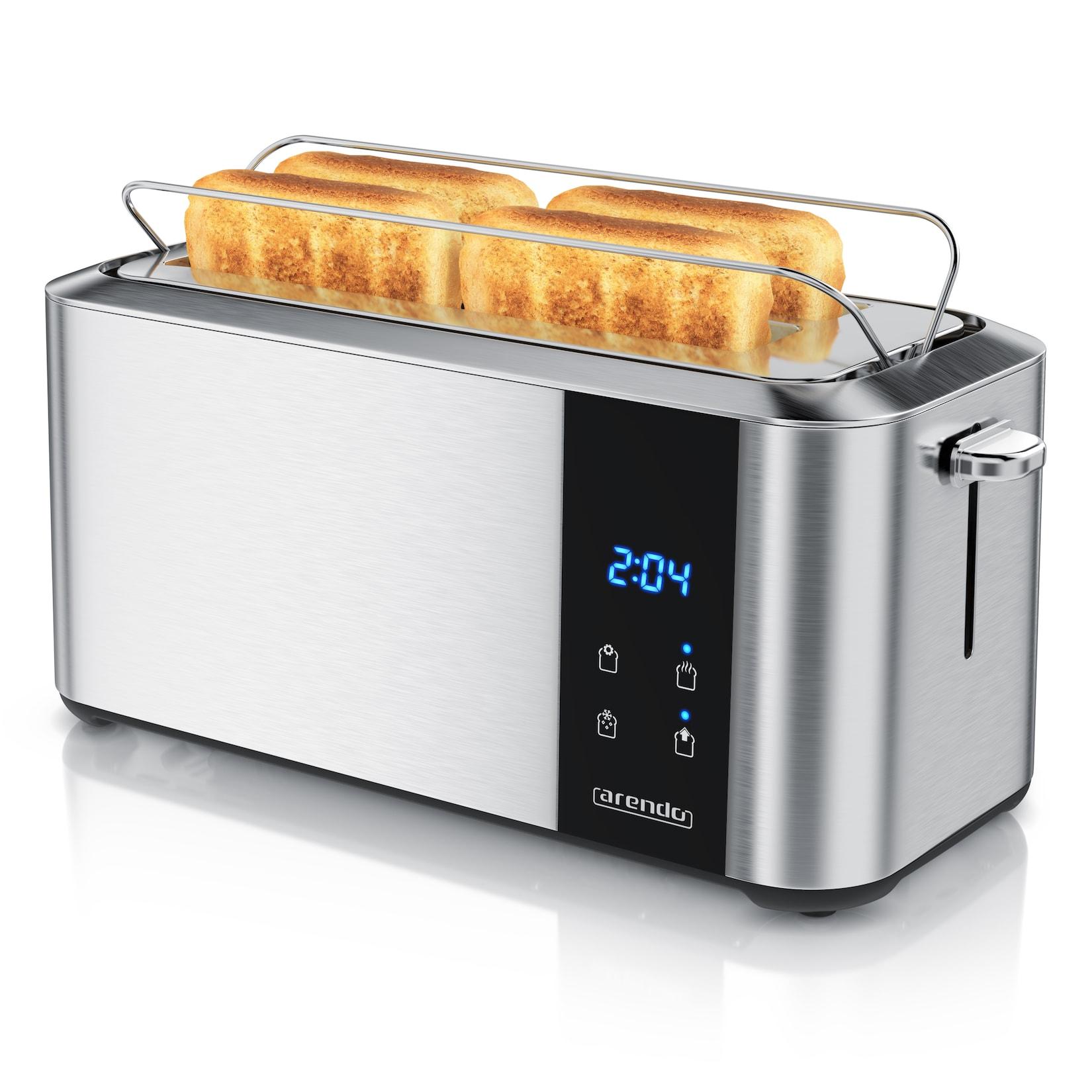 Arendo Langschlitz-Toaster 1500 W, für 4 Scheiben, Brötchenaufsatz, Touchdisplay, LED-Anzeige, wärmeisoliert, Edelstahl