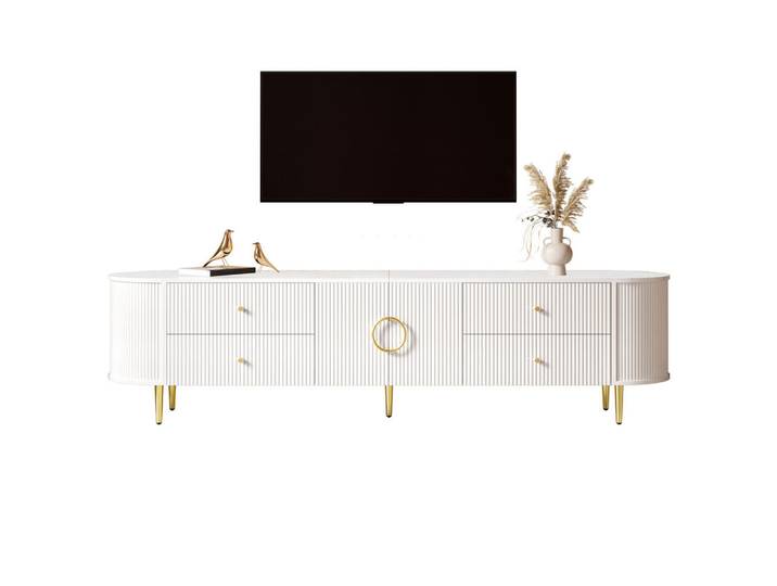 Flieks Tv-Schrank Lowboard Wellenoptik MDF Kabeldurchlass Modern, Weiß, 180x53x40 cm, Wohnzimmer, TV Möbel, Lowboards, Lowboards stehend