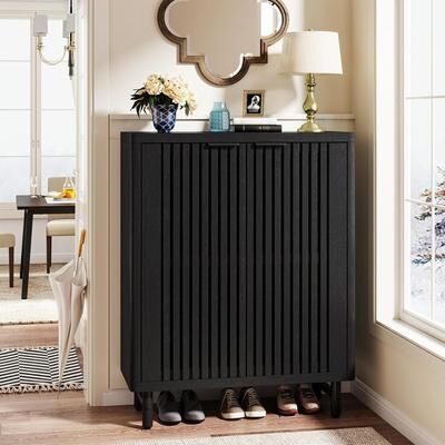 Jiallo "33"" Modern Black Wooden 6-Tier Shoe Cabinet with Louvered Doors"