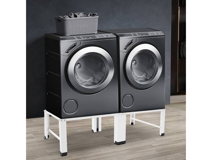Cadre de base double robuste pour lave-linge et sèche-linge, 2 x 150 kg, cadre surélevé à double piédestal, coussinets antidérapants, blanc