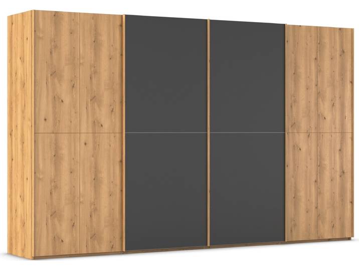 Schwebetürenschrank, Holz Teilmassiv, Schwarz Matt, 360×223×68 cm, Edle Glastüren, Modern, Rauch