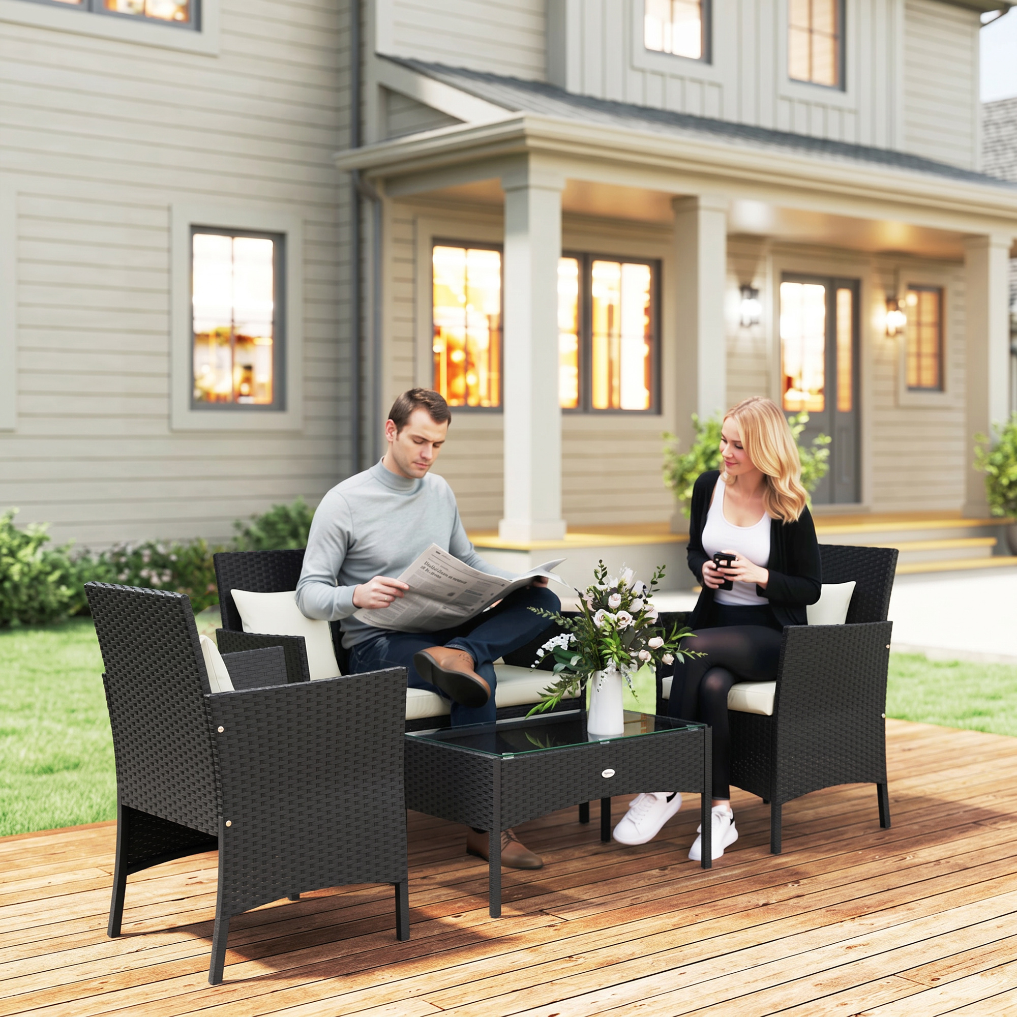 Outsunny Set da Giardino 4Pezzi in Rattan con 2 Sedie, Poltrona da Giardino a 2 Posti e Tavolino Basso Aosom