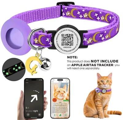Inspired Finds Glow AirTag Cat Collar With GPS Tracker Holder, QR ID Tag & Safety Bell purple
