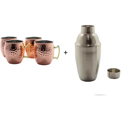 Airbrush-City 4  Moscow Mule Becher Kupferbecher gehämmert Cocktail Tasse mit Hammerschlag + Cocktailshaker 3-teilig 0,75 Liter aus Edelstahl