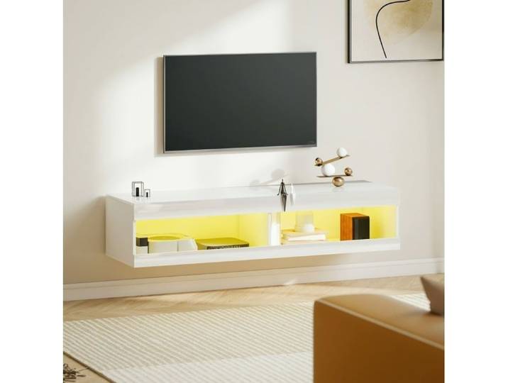 Meuble TV suspendu brillant avec LED RGB 140 × 40 × 30 cm blanc