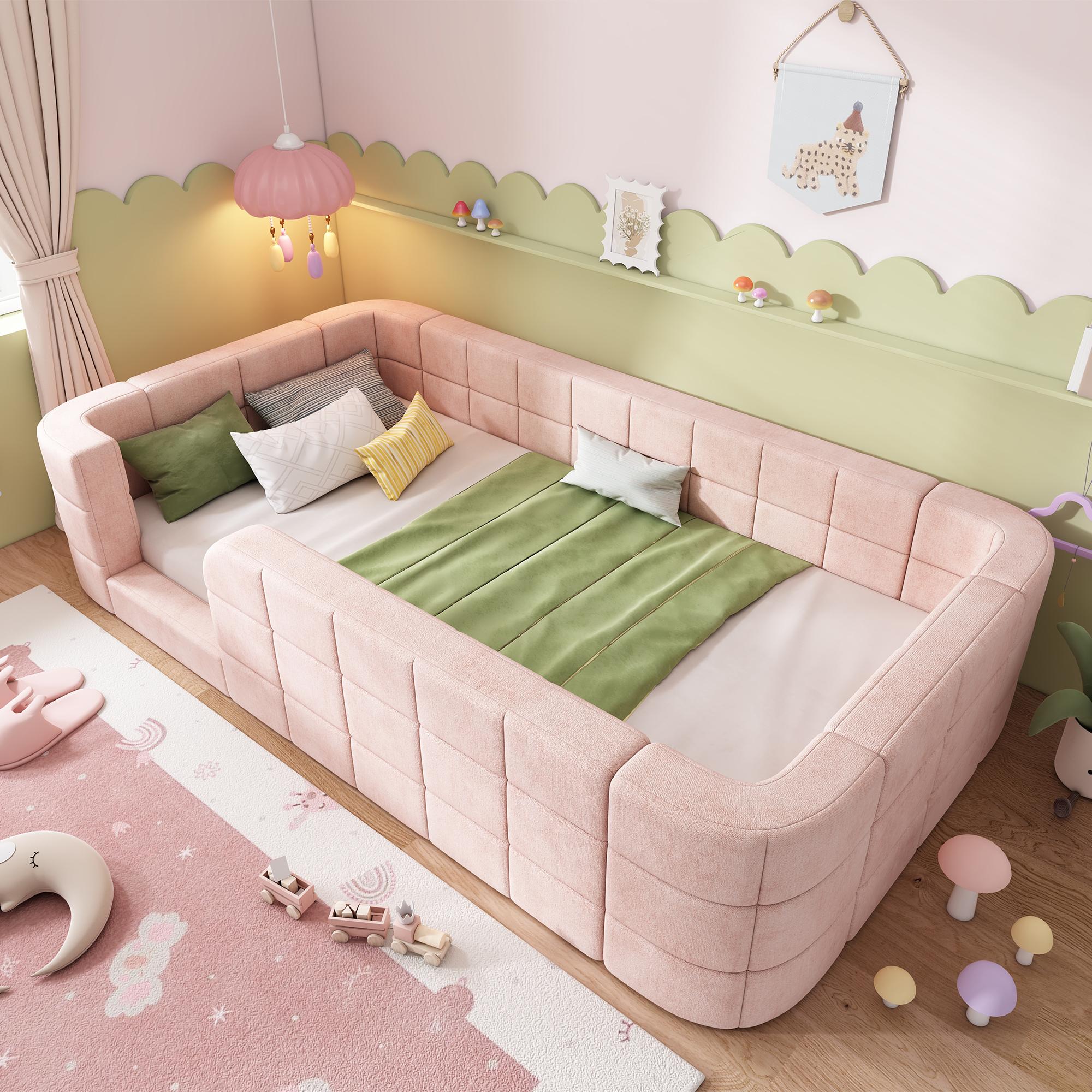 Kinderbett 90 x 190 cm in Rosa mit Chenille-Bezug, umlaufendem Schutzgitter, niedrigem Einstieg und Lattenrost ohne Matratze